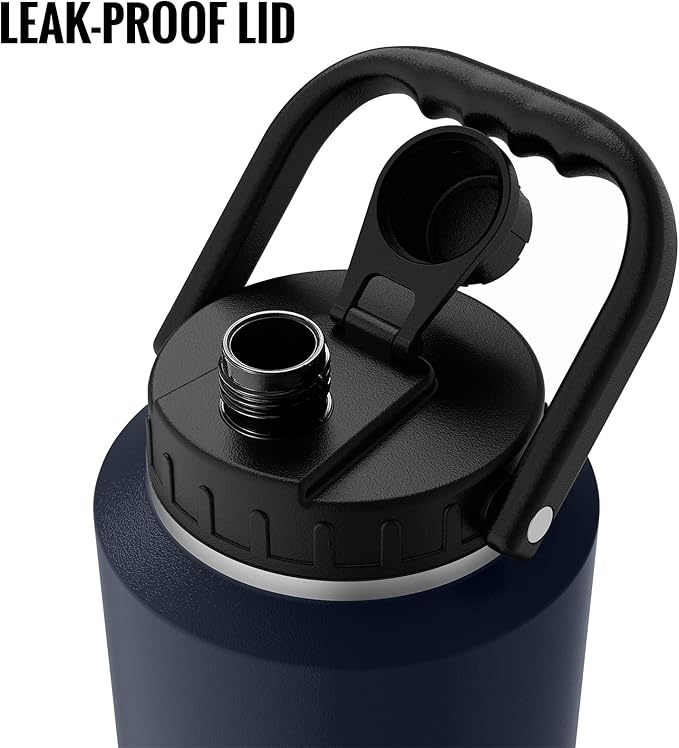 SkyWell 128 Oz Insulated Water Bottle Sleeve and Cup Kit Wide Mouth Water Flask Sweat-Proof and Leak-Proof 1 Gallon Stainless Steel Water Jug for Outdoors, Navy Kit