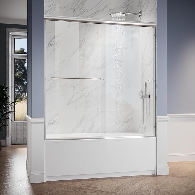 SUNNY SHOWER Bathtub Shower Door 60" W x 62" H Semi-Frameless Double Sliding Design Shower Tub Door 1/4" Clear Glass Panel, Chrome Finish