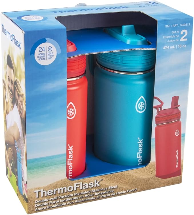 ThermoFlask 16 oz Double Wall Vacuum Insulated Stainless Steel 2-Pack of Water Bottles, Red/Blue