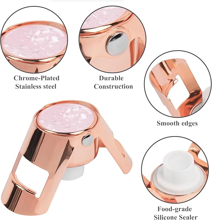 LIZIMANDU Champagne Stopper, Stainless Steel Bottle Plug Sealer for Sparkling Wine, Superior Leak,keeps Wine, Champagne, Prosecco, Cava, and Sparkling Wine fresh longer(1-Rose Gold)