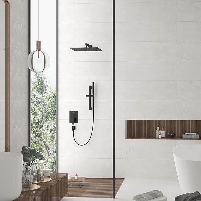 Hoimpro Shower System with Adjustable Slide Bar,12 Inch Square Rain Shower Head and Wand Wall Mounted, 2 in 1 Handheld Showerhead for Bathroom, Oil Rubbed Bronze