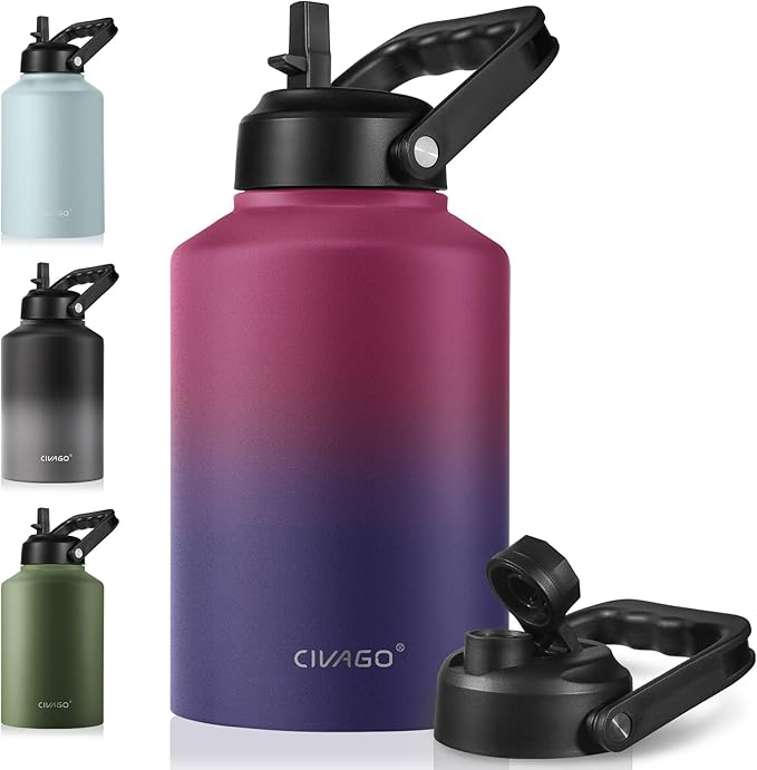 CIVAGO Gallon Insulated Water Bottle Jug with Straw, 128 oz Large Stainless Steel Sports Metal Water Canteen with Handle, Big Thermal Water Cup Mug with 2 Lids for Camping & Fishing, Dark Rainbow