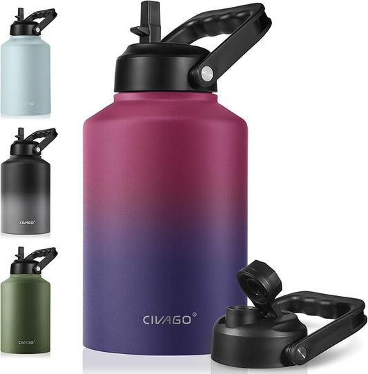 CIVAGO Gallon Insulated Water Bottle Jug with Straw, 128 oz Large Stainless Steel Sports Metal Water Canteen with Handle, Big Thermal Water Cup Mug with 2 Lids for Camping & Fishing, Dark Rainbow