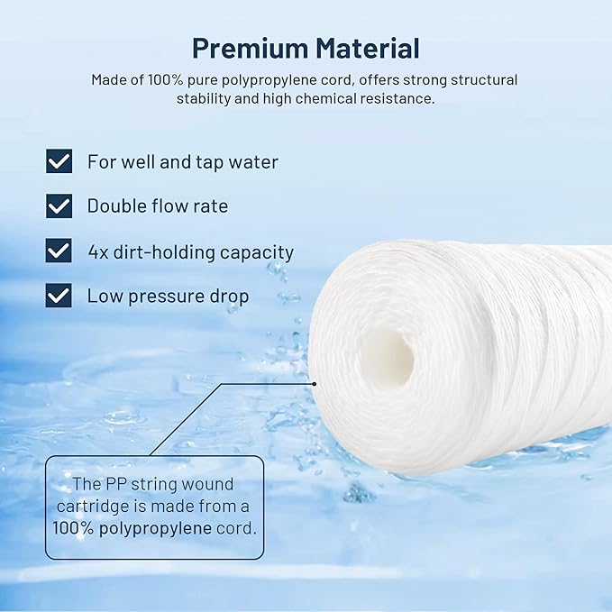 Whole House Water Filter Cartridge Replacement for Well Water, 5 Micron Water Filter 10" x 4.5" String Wound Sediment Water Filter Compatible with PSE1800, PC40, SWC-45-1005, WP5BB97P - 1 Pack