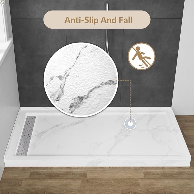 MORVANO 60 x 32 Shower Base with Single Threshold Rectangular Left Drain Location Shower Base,Shower Pan With Stainess Steel Cover,Marble White Acrylic Shower Base