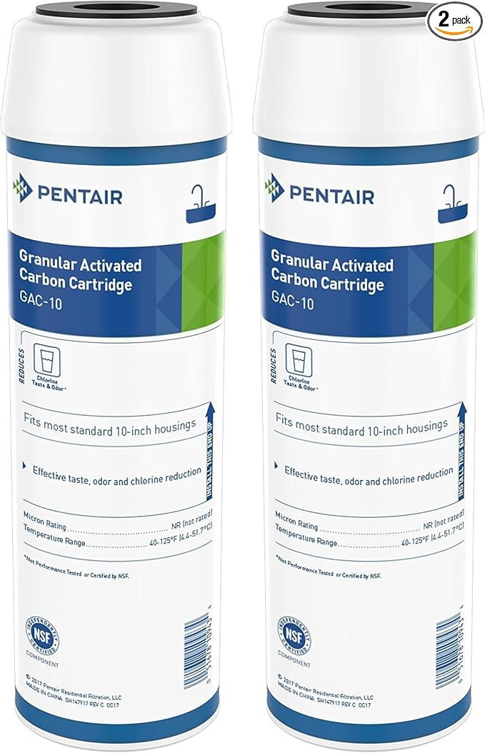 Pentair Pentek GAC-10 Carbon Water Filter, 10-Inch, Under Sink Granular Activated Carbon (GAC) Replacement Cartridge, 10" x 2.5", Pack of 2