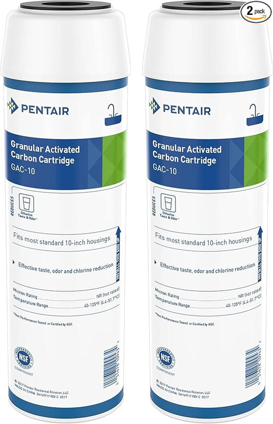 Pentair Pentek GAC-10 Carbon Water Filter, 10-Inch, Under Sink Granular Activated Carbon (GAC) Replacement Cartridge, 10" x 2.5", Pack of 2