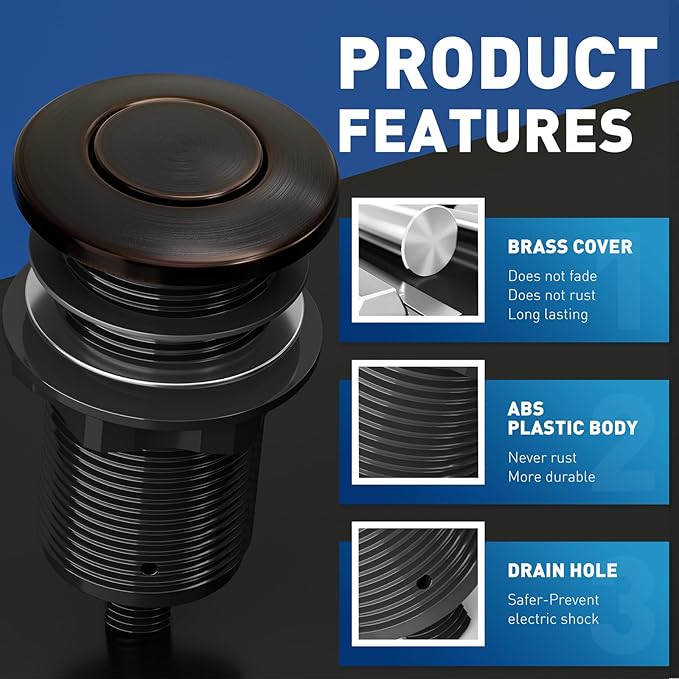 Garbage Disposal Air Switch Kit Sink Top Waste Disposal Long Stainless Steel Black On/Off Air Button Food and Waste Disposals Part, UL Listed