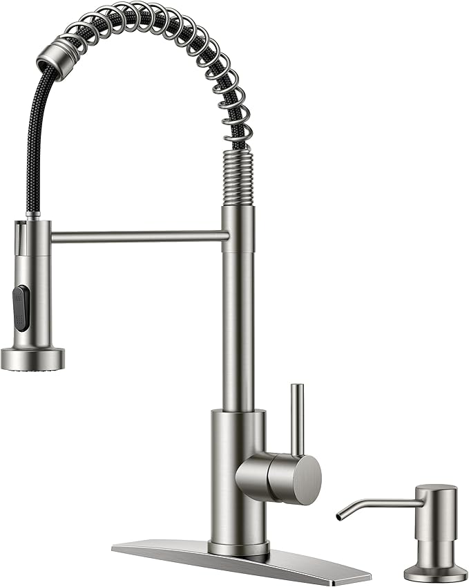 FORIOUS Kitchen Faucet with Soap Dispenser, Brushed Nickel Stainless Steel Spring Sink Faucet with Pull Down Sprayer Transitional Single Handle for Pot Filler, Farmhouse Camper Bar Laundry Room