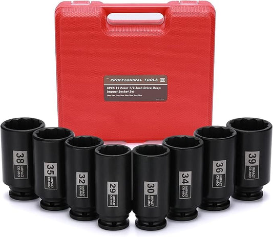 Mayouko 8PCS 1/2" Deep Axle Nut Impact Socket Set, CR-MO, 12 Point Design, Metric, 29,30,32,34,35,36,38,39mm, 1/2 Inch Extra Deep Impact Socket