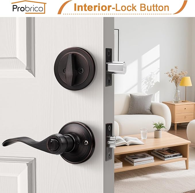Probrico Door Lock Set with Deadbolt Oil Rubbed Bronze, Keyed Alike Door Handle and Deadbolt Set, Front Exterior Door Lock Single Cylinder, 4 Sets