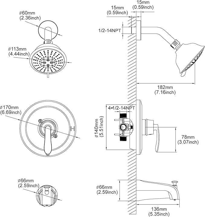PARLOS Shower System, Matte Black Shower Faucet Set with Tub Spout(Valve Included), 5-Setting Mode Shower Head and Tub Spout with Diverter, Multi-Function Wall Mounted Shower Bathtub Combo, 1436904