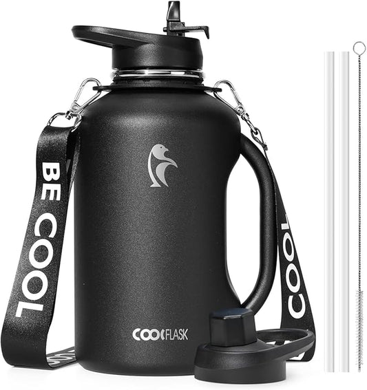 Half Gallon Water Bottle with Handle, Coolflask 64 oz Insulated Stainless Steel Water Jug Metal Double-Walled Vacuum Large Flask With Strap Straw Leakproof, Keep Cold 48 Hrs Hot 24hrs, Magic Black