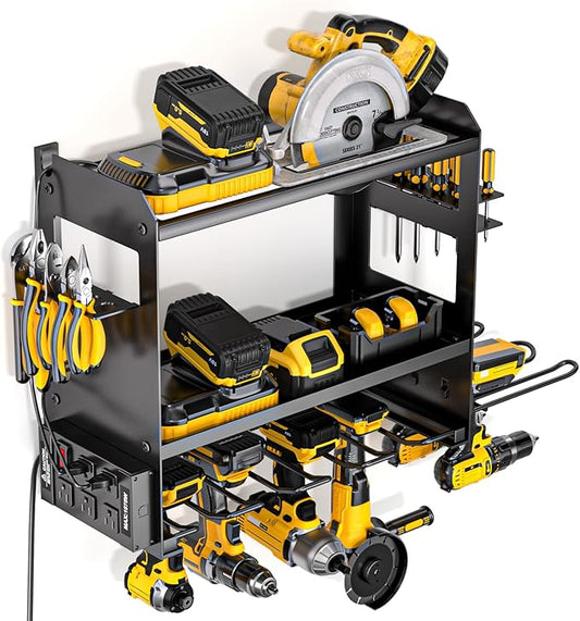 YYR Power Tool Organizer Wall Mount with Charging Station, Cordless Tools Hanger and Battery Storage Rack for Garage Organization, Heavy Duty Drill Holder Shelf Build in Metal Power Strip - Black