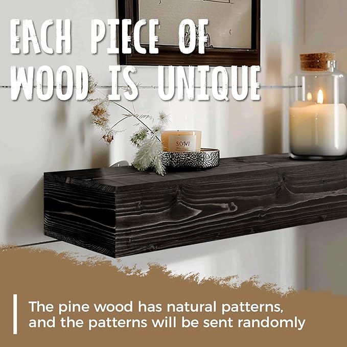 48x8x5 Fireplace Mantel - Handcrafted Hollow Rustic Solid Wood Wall Mounted Floating Shelf with Invisible Heavy Duty Wood Bracket (Weathered Black)