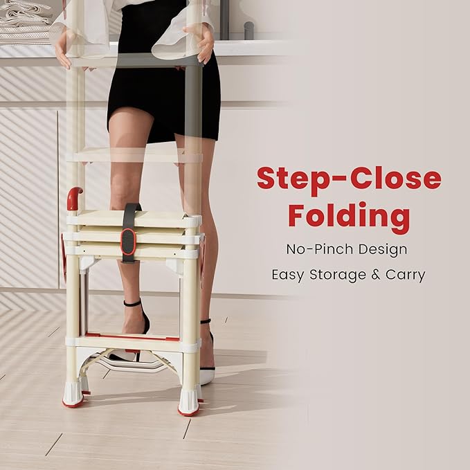 Telescoping 4-Step Ladder, 3.5FT Folding Step Stool with Safety Lock, Wide Non-Slip Pedals & Retractable Handgrip, Heavy Duty 380 lbs for Home & Outdoor