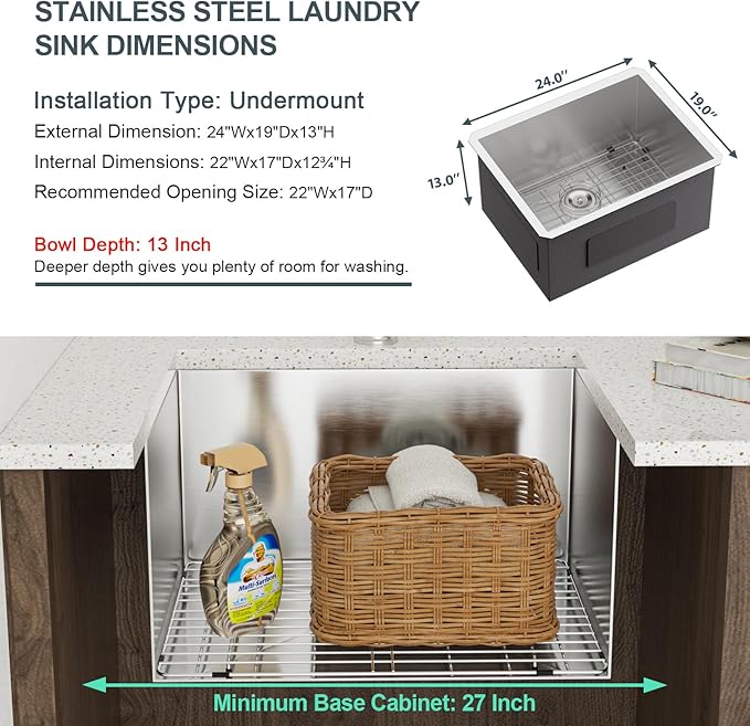 Lordear 24 Laundry Sink Stainless Steel - 24" x 19" x 13" Undermount Sink Single Bowl 16 Gauge Stainless Steel Deep Laundry Room Utility Sinks Handmade Under Counter Kitchen Basin