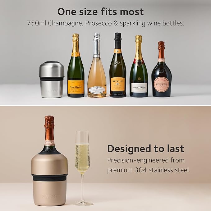 Huski Champagne Chiller | New | Award-Winning Iceless Design with Detachable Bottle Stopper | Keeps Wine Cold up to 6 Hours | Fits Most 750ml Champagne, Prosecco & Sparkling Wine Bottles (Stainless)