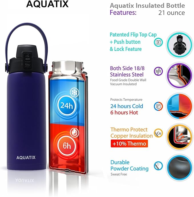 New Aquatix (Purple, 21 Ounce) Pure Stainless Steel Double Wall Vacuum Insulated Sports Water Bottle Convenient Flip Top Cap with Removable Strap Handle - Keeps Drinks Cold 24 hr/Hot 6 hr