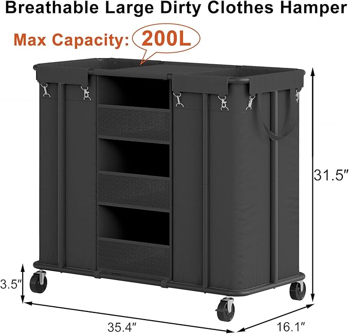 WOWLIVE Laundry Sorter 2 Section 200L Rolling Laundry Hamper with Hanging and Removable Bags Laundry Cart with Steel Frame and Storage Unit Large Basket Organizer for Dorm Room, Bathroom (Black)