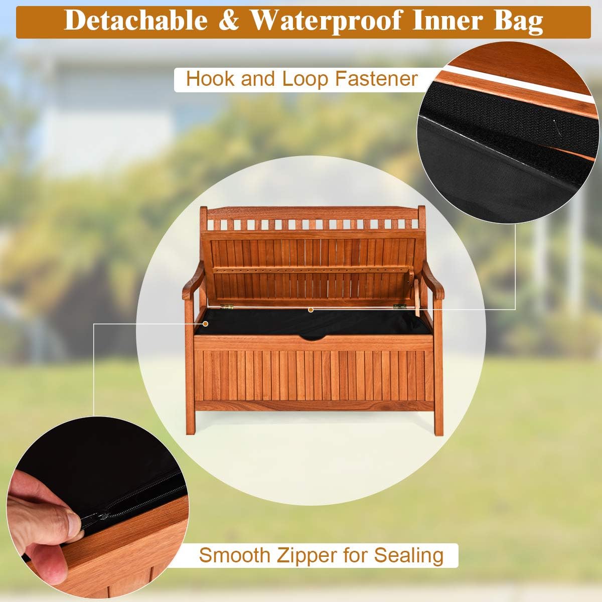 Tangkula Outdoor Wood Storage Bench Deck Box, Entryway Porch Storage Bench with Inner Removable Dust-Proof Lining & Portable Handles, Eucalyptus Wood Loveseat for Garden, Lawn, Balcony & Yard