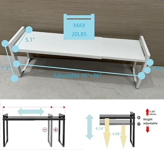 Expandable Cabinet Shelf Organizer 16-26" L Stackable Kitchen Counter Shelf Rack Stand Sink Riser Countertop Storage White (Narrow 5.1”D)
