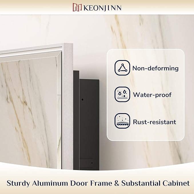 Keonjinn 48” x 30” Medicine Cabinets with Mirror for Bathroom Recessed or Surface Wall-Mounted Aluminum Alloy Framed Beveled Mirror with Soft Close Hinge, 3 Doors Silver Storage Cabinet