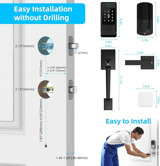 WiFi Front Door Lock Set - Miuedo Keyless Entry with Handle Keypad, Smart Deadbolt, Fingerprint, Auto Lock, Code, Fob, Remote Control - Black