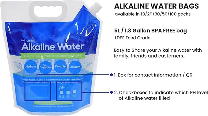 Bulk LOT - 5L / 1.3 Gallon Foldable Alkaline PH Water Bags - Collapsible Emergency Water Jug Container Bag, Freezable, BPA Free Plastic Water Carrier Tank, Outdoor Folding Water Bag Food Grade (10)