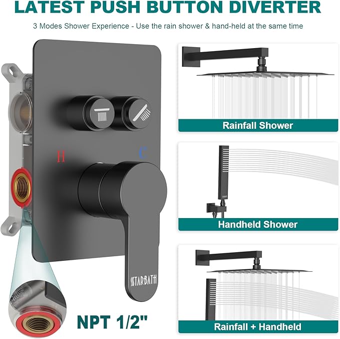 Rainfall Shower System with Handheld Spray and 12" Rain Shower Head, Can Be Use at Same Time, Push Button Multi Shower Head System for 2 People, Matte Black