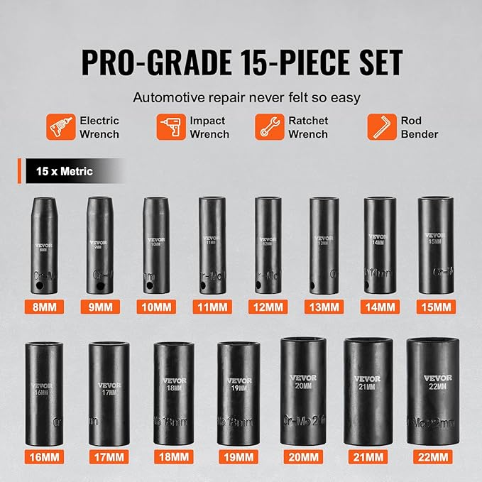VEVOR 3/8" Drive Impact Socket Set, 15 Piece Deep Socket Set Metric 8-22mm, 6 Point Cr-Mo Alloy Steel for Auto Repair, Easy-to-Read Size Markings, Rugged Construction, Includes Storage Case