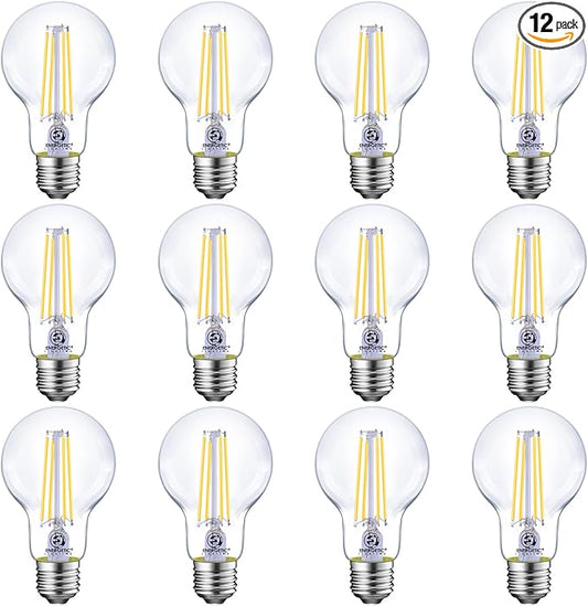 Energetic Dimmable LED Filament Light Bulbs, 8W, 60 Watt Equivalent, Cool White 4000K, Classic Clear Glass, A19 LED Light Bulb, 12 Pack