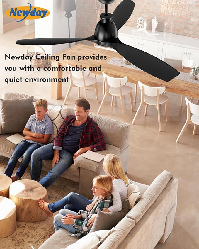 Newday 52 inch Ceiling Fans with Lights - Black Ceiling Fan with Light and Remote, 3 Blades 3 Colors Dimmable LED, 6 Speeds Reversible Quiet DC Motor Ceiling Fan For Living Room Bedroom Indoor Outdoor
