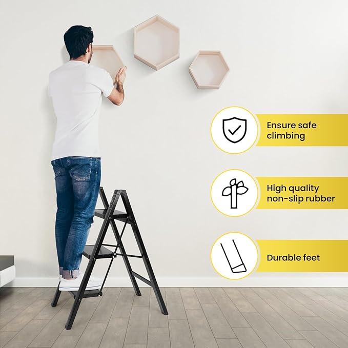 FAHKNS 3 Step Ladder, Aluminum Light Folding 3 Step Stool with Non-Slip Wide Pedal (7.9Inch), 330Lbs Capacity Stepping Stool, Step Ladder 3 Step Folding for Office,Household,Kitchen, Black