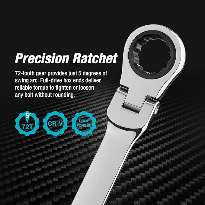 DURATECH 17 * 19 mm Extra Long Flex-Head Ratcheting Wrench, Metric, CR-V Steel