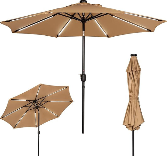 Sunnyglade 9FT Outdoor Solar LED Lighted Patio Umbrella with 8 LED Strip Lights & 8 Ribs, Convenient Crank Lift System