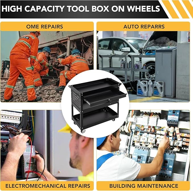 SUN & SUMMER Tool Chest with Wheels, Rolling 3-Tier Tool Cart with Wheels 330 LBS Capacity Heavy Duty Utility Industrial Service Cart with Locking System Drawer for Garage, Warehouse & Repair Shop