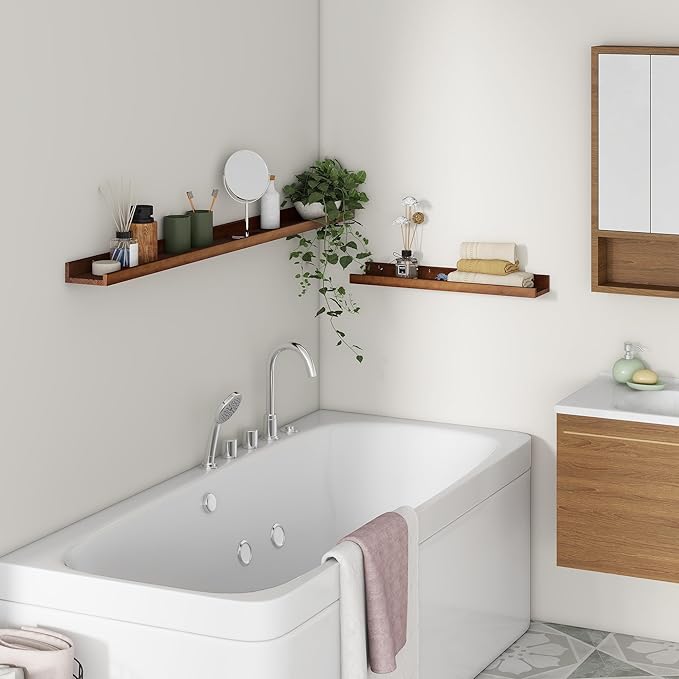 Picture Ledge Shelf, Floating Shelves Set of 2, Solid Pine Wood 55'' Long Large Nursery Book Shelves for Toys Storage, Kids Bookshelf for Living Room Bedroom Decor Books Photo Frames, Walnut