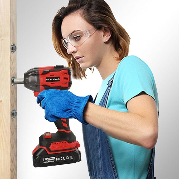 300N.m Cordless Impact Wrench, 21V Torque Power Impact Driver, 1/2" Brushless Impact Gun with 2*2.0Ah Batteries with 19 Accessories, Electric Impact Motor Variable Speeds for home installation (red)
