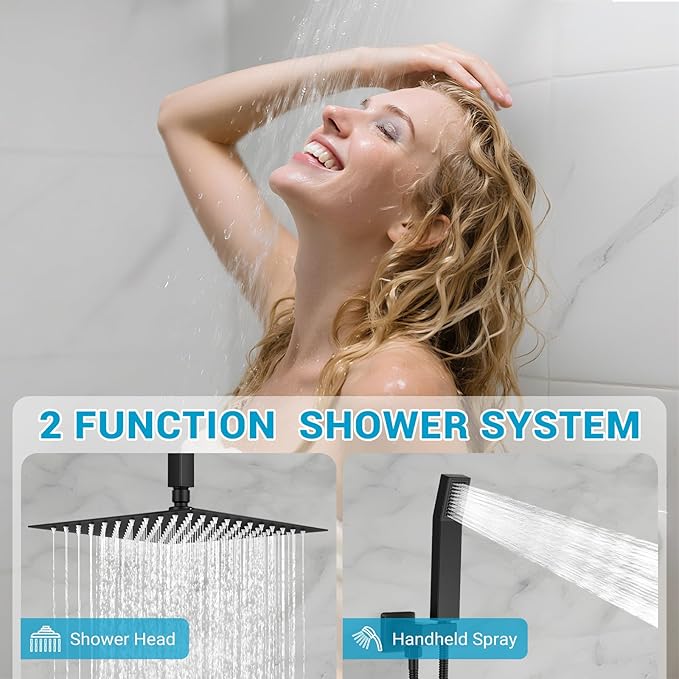 Ceiling Mount Shower Faucet Set Square Showerhead Bathroom Rainfall Shower System Stainless Steel Shower Trim Kit 10 Inches (Matte Black)