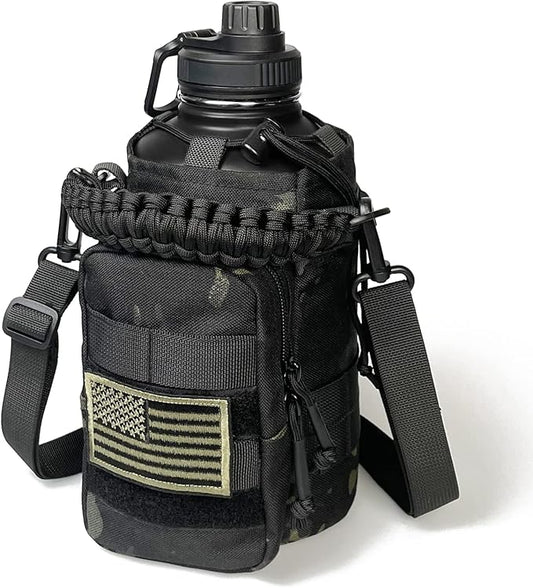 Half Gallon Water Bottle with Sleeve - 64 Oz Insulated Water Jug with Strap Stainless Steel Big Gym Water Bottles for Men Sports Workout Hiking Camo Black