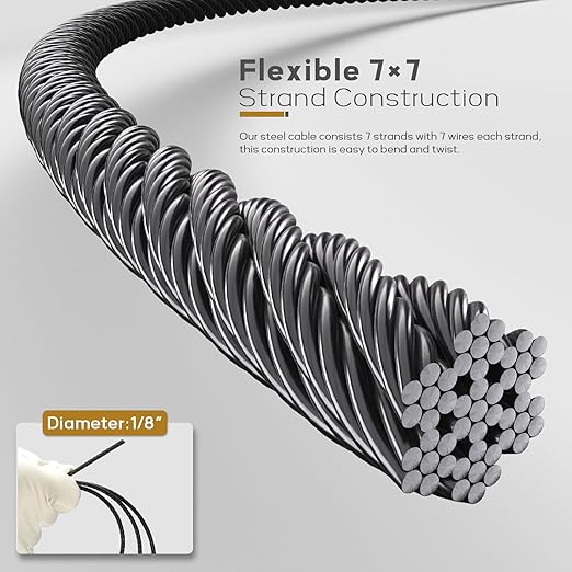 1000FT 1/8" T316 Black Stainless Steel Cable, Black Wire Rope Aircraft Cable for Deck Cable Railing Kit, DIY Balustrades, 7x7 Strands Construction, Comes with a Cutter