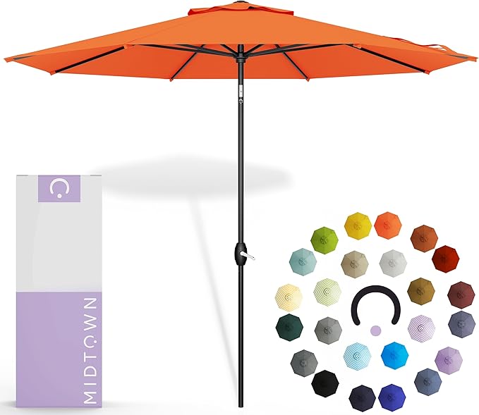 Midtown Umbrellas 10-Year-No-Fade - 10 Ft - UV Proof Bright Orange Polyester Fabric - Umbrella Outdoor Patio, Aluminum Frame Large Patio Umbrella for Garden, Pool & Deck - Black Pole