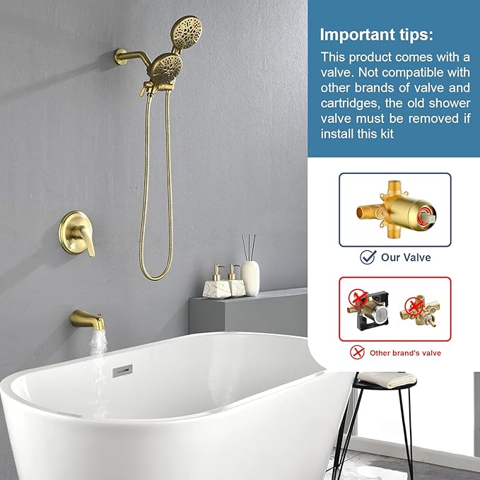 Dual Shower Faucet Set with Tub Spout Tub and Shower Faucet Set Complete Dual Shower Head and Handheld Combo Shower System with Tub Spout Tub and Shower Trim Kit Brushed Gold