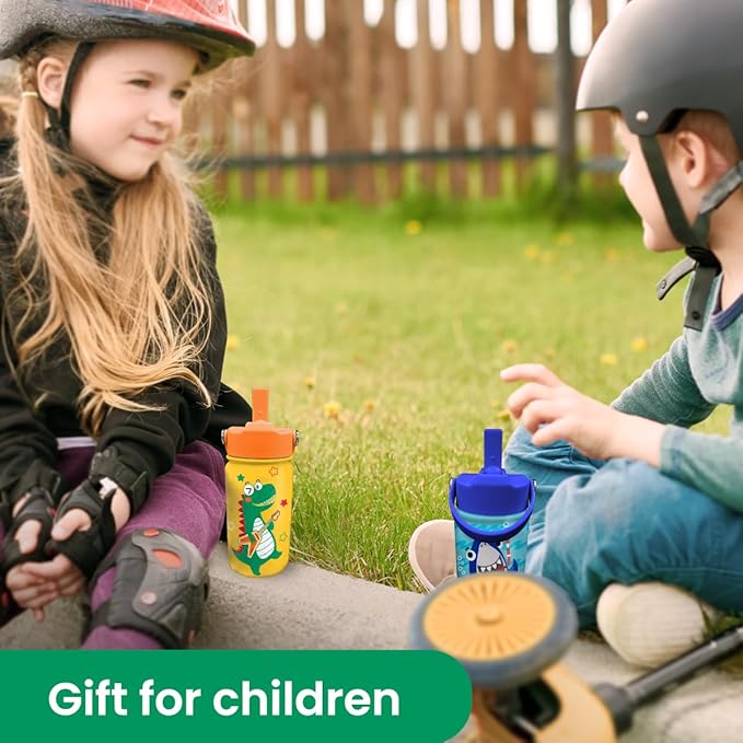 Dinosaurs Water Bottle - Dino Kids Water Bottle with Straw Lid - 12 Oz Insulated Stainless Steel Water Bottles for Toddlers Kid Boys - Travel Cup for School Sports