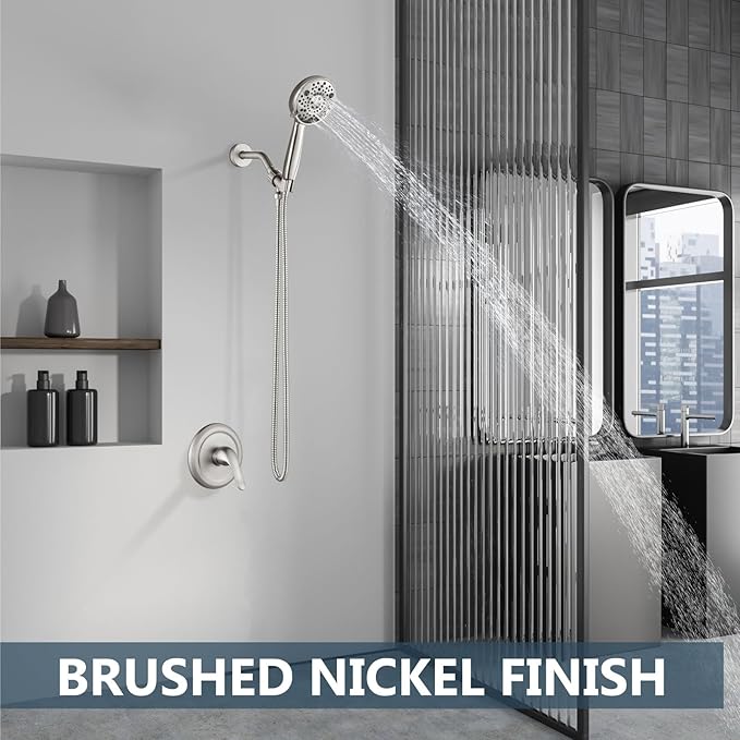 Aolemi Shower Faucet Set Rain Shower Head System Shower Trim Kit Pressure Rough-in Valve Included ABS 8 Setting Single Handheld Spray Brushed Nickel