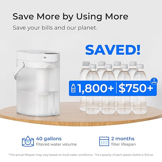 Waterdrop FreshTaste Electric Water Filter Pitcher, Dispenser, Water Purifier for Fridge, Reduce Chlorine, Lead, Copper, Replaces 1,800 Plastic Water Bottles a Year, 17-Cup, White, Does not Lower TDS