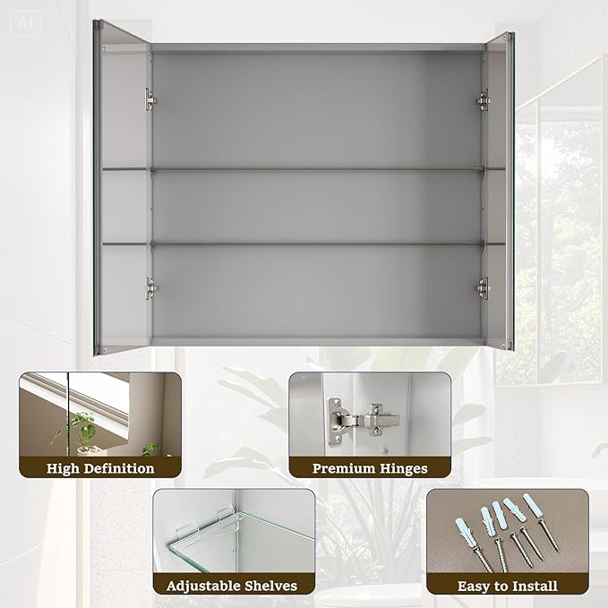 Bathroom Medicine Cabinet with Mirror, 36 Inch x 26 Inch Bathroom Mirror Cabinet with Double Door & Adjustable Shelves, Surface Mount or Recess Installation