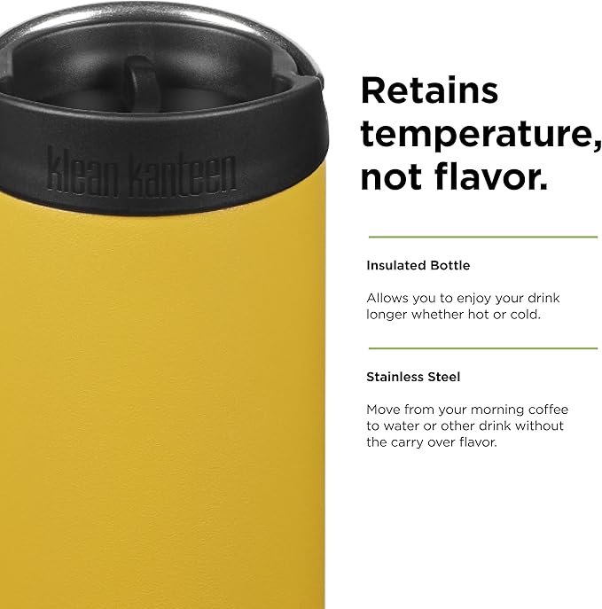 Klean Kanteen TKWide Insulated Coffee Tumbler with Café Cap - Stainless Steel Coffee Tumbler - 16 Oz, Marigold