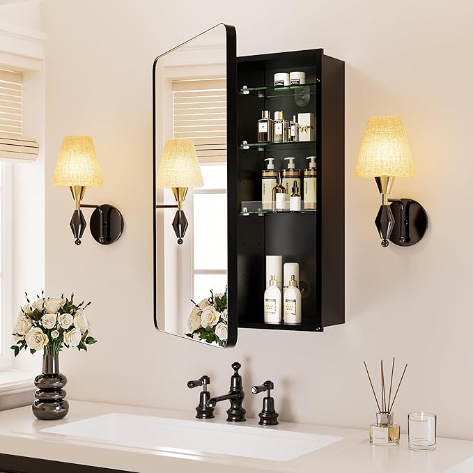 Black Medicine Cabinet with Mirror for Bathroom:20x26 Inch Small Mirrored Vanity Storage with Adjustable Shelves-Surface or Recessed Wall Mount-Matte Black Frame